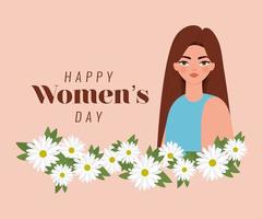 felice giorno delle donne scritte, donna con i capelli castani e fiori bianchi vettore