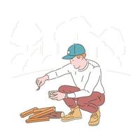 un uomo sta accendendo una legna da ardere. illustrazioni di disegno vettoriale stile disegnato a mano.