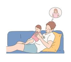 papà è seduto sul divano, conforta un bambino che piange, pensando a sua moglie. illustrazioni di disegno vettoriale stile disegnato a mano.