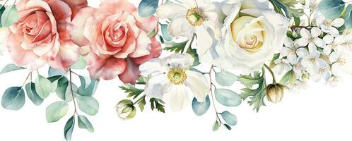 acquerello disegno. senza soluzione di continuità confine, telaio con bianca e rosa rosa fiori e eucalipto le foglie vettore