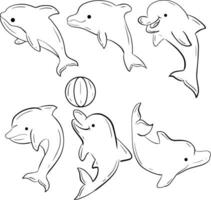 impostato di delfino, mano disegnato illustrazione convertito per vettore, con animale subacqueo vettore
