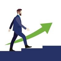 uomo d'affari salendo le scale con la freccia verde verso l'alto.la crescita del concetto di uomo d'affari.giovane va al successo vettore