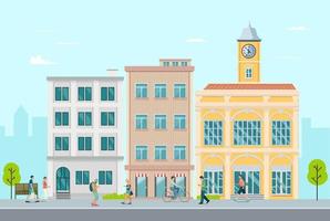 appartamento piatto in città con persone che camminano in giro.città, tempo libero fuori concept.illustrazione vettoriale.edificio moderno con persone per strada vettore