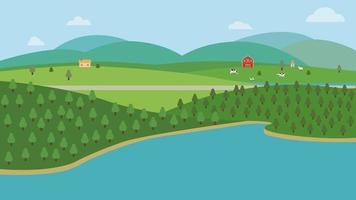 campagna natura paesaggio con farm.vector illustration.natural scena con colline alberi fiume strada montagna nuvola e sky.farmland con animali e forest.ecology primavera concetto di terra vettore