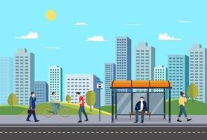 persone alla fermata dell'autobus con strada urbana.parco pubblico con gente di città e natura paesaggio.persona in città.illustrazione vettoriale