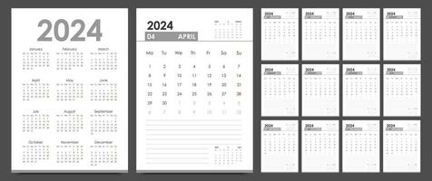 progettista 2024 anno. calendario modello. verticale orientamento. il settimana inizia su lunedì, inglese. vettore