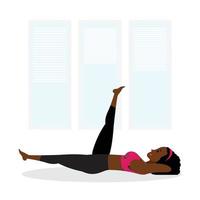 giovane donna nera che pratica la gamba alzata alta yoga asana, una giovane donna in un vestito rosa e nero da palestra che pratica yoga asana vettore
