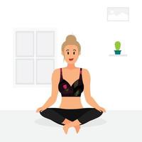 giovane ragazza dai capelli smussati che pratica lo yoga del loto a casa, giovane donna che pratica la meditazione a casa. vettore
