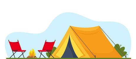 arancia tenda, fuoco di bivacco e sedie. striscione, manifesto per arrampicata, escursionismo, trakking sport, avventura turismo, viaggiare, zaino in spalla. vettore illustrazione.