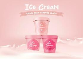 realistico Yogurt crema contenitore modello. rosa etichetta plastica secchio con coperchio. 3d vettore illustrazione per latteria dolce confezione design