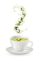 realistico verde tè nel un' bicchiere tazza con fresco verde le foglie. biologico e salutare bevanda illustrazione su bianca sfondo. liquido flusso con foglia di tè. erbaceo bevanda concetto. mucchio di asciutto le foglie vettore