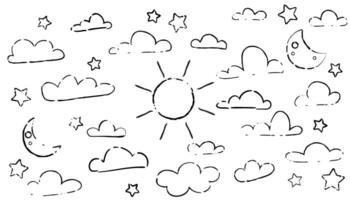 un' carino e semplice grunge mano disegnato vettore illustrazione impostato di tempo metereologico icone. il scarabocchio stile sole, nube, Luna, e stelle siamo Perfetto per grafico design progetti e tempo metereologico previsioni.