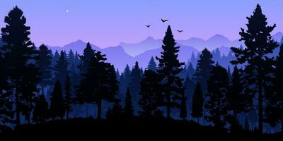 bellissimo panoramico Visualizza di un' buio foresta con viola e blu sagome di alberi e montagne contro un' viola cielo. panoramico paesaggio Perfetto per viaggio e avventura sfondi vettore