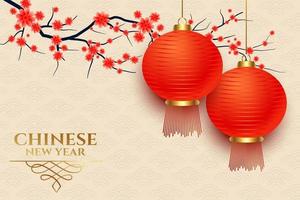 design realistico della lanterna cinese e sfondo dell'albero del fiore del nuovo anno per il tuo testo vettore