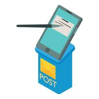 e-mail concetto icona isometrico vettore. moderno smartphone con stilo su cassetta postale vettore