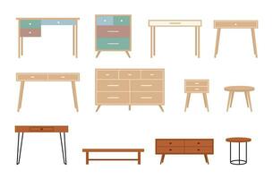 impostato di tavoli, cassettiere, caffè tavoli mobilia nel cartone animato piatto stile. isolato interno elementi su un' bianca sfondo. vettore illustrazione