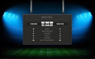 stadio di calcio illuminato con tabellone segnapunti e statistiche della partita vettore