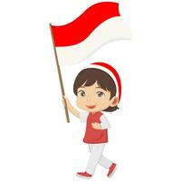 illustrazione di un' carino ragazza trasporto un indonesiano bandiera. vettore