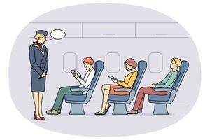 hostess parlando con viaggiatori su aereo. aereo personale servendo persone a bordo di aereo. aviazione servizio. vettore illustrazione.