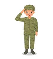 carino poco ragazzo indossare camuffare soldato combattere uniforme salutando vettore