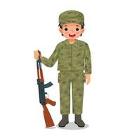 carino poco ragazzo indossare camuffare soldato combattere uniforme Tenere fucile pistola vettore