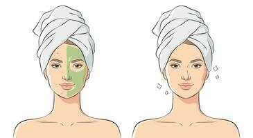 donna con problema pelle usi cosmetico maschera, vettore illustrazione