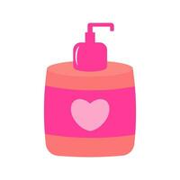 carino rosa cosmetico bottiglia con distributore. fascino cura della pelle Prodotto con un' cuore. cartone animato piatto icona. vettore