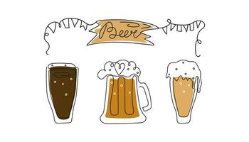 impostato di birra tazze nel linea arte stile. birra giorno, Festival, vacanza. di legno cartello con scritta. calligrafia, schema disegno. Oktoberfest, ottobre. vettore illustrazione, sfondo isolato.