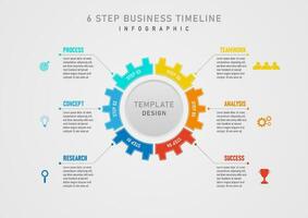 Infografica 6 passo attività commerciale Piano per successo ingranaggi siamo diviso in multicolore segmenti. lettere e icone sinistra e Giusto, Linee e punti. grigio pendenza sfondo design per Prodotto, marketing vettore