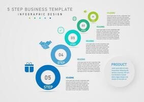 Infografica 5 passaggi attività commerciale Multi colorato cerchi numero centro colore icone su il sinistra, lettere su il Giusto. il giusto angolo pulsante ha un' lettera nel il mezzo di il grigio pendenza sfondo. vettore