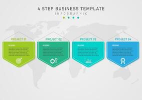 infografica 4 progetti attività commerciale multicolore esagoni con grigio esagono schema il superiore ha colorato lettere. sotto il bianca icona nel il mezzo Là è un' lettera carta geografica sotto grigio pendenza sfondo vettore