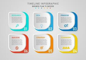 Infografica modello 6 passo attività commerciale Piano per successo Multi colorato arrotondato rettangolo superiore grigio pulsante Là è un' lettera e un icona nel il mezzo. numeri nel il parte inferiore angolo grigio pendenza sfondo vettore