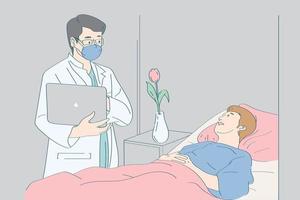 analisi del medico diagnosi e consulenza su come prevenire la malattia medico prendere caso di esame e consulenza al paziente con tulipano rosa nel reparto vettore