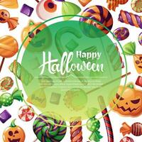 vettore sfondo per Halloween invito o saluto carta. vacanza invito trucco o trattare. manifesto, bandiera con zucca biscotti, spaventoso caramelle, dolci, biscotti, Lecca-lecca.