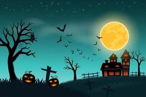 buon halloween con luna piena su sfondo verde zucche su spaventoso vecchio cimitero vettore