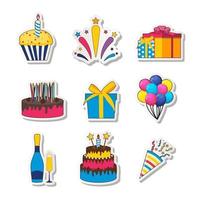 set di adesivi per feste di compleanno icona con torta vettore