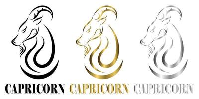 linea vettoriale logo della testa di capra è segno del capricorno zodiaco tre arte ci sono tre colori nero oro argento