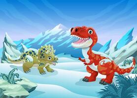 contento cartone animato dinosauri nel preistorico inverno scena illustrazione vettore