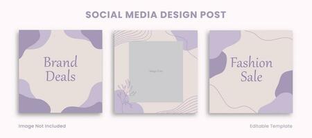impostato di 3 modificabile sociale media design inviare modello decorato con viola pastello e floreale oggetto. adatto per pubblicità, promozione, presentazione, vendita Prodotto bellezza moda, cosmetico vettore