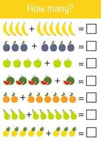 interattivo e colorato matematica esercizi per bambini. aggiunta, sottrazione, e matematico Giochi. ideale per prescolastico formazione scolastica e pedagogico scopi. verdure e frutta matematico liste. vettore