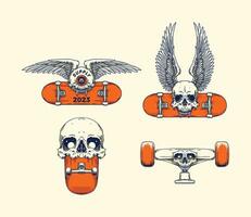 impostato collezione Vintage ▾ disegnato a mano cranio andare con lo skateboard vettore illustrazione