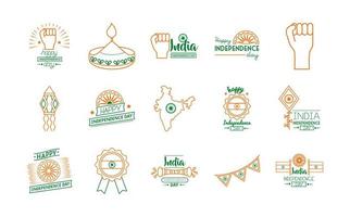 pacchetto di icone di celebrazione del giorno dell'indipendenza dell'india vettore