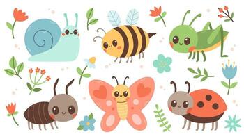 carino insetti cartone animato piatto impostare. la farfalla, formica, coccinella, ape, lumaca, cavalletta. vettore illustrazione isolato su bianca sfondo