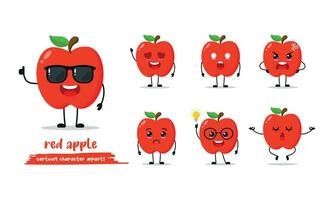 carino rosso Mela cartone animato con molti espressioni. frutta diverso attività posa vettore illustrazione piatto design impostato con occhiali da sole.