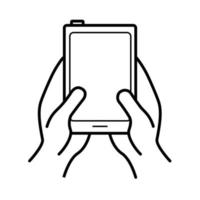 mani utilizzando l'icona di stile della linea del dispositivo smartphone vettore