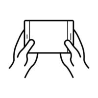 mani utilizzando l'icona di stile della linea del dispositivo smartphone vettore