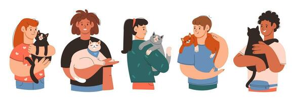 animale domestico proprietari. uomini e donne con gatti. persone con loro carino animali domestici. cartone animato piatto vettore impostare.