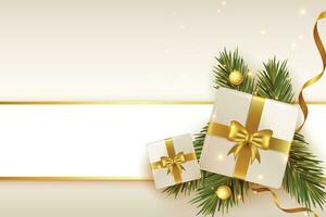 Natale palle, vacanza i regali con d'oro arco, abete albero rami, pino coni e brillante stelle. illustrazione può essere Usato per Natale disegno, manifesti, carte, siti web e striscioni. vettore