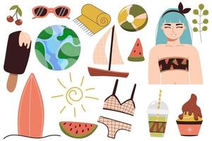 una serie di cose estive per la spiaggia viaggiare in un paese soleggiato ragazza felice in bikini sta riposando al mare una donna in costume da bagno prende il sole e si rilassa vicino all'acqua vettore