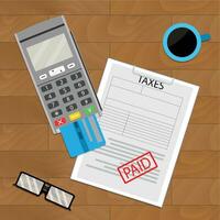 pagamento imposta piatto, guadagno e giorno di paga, tassazione e caffè, vettore illustrazione